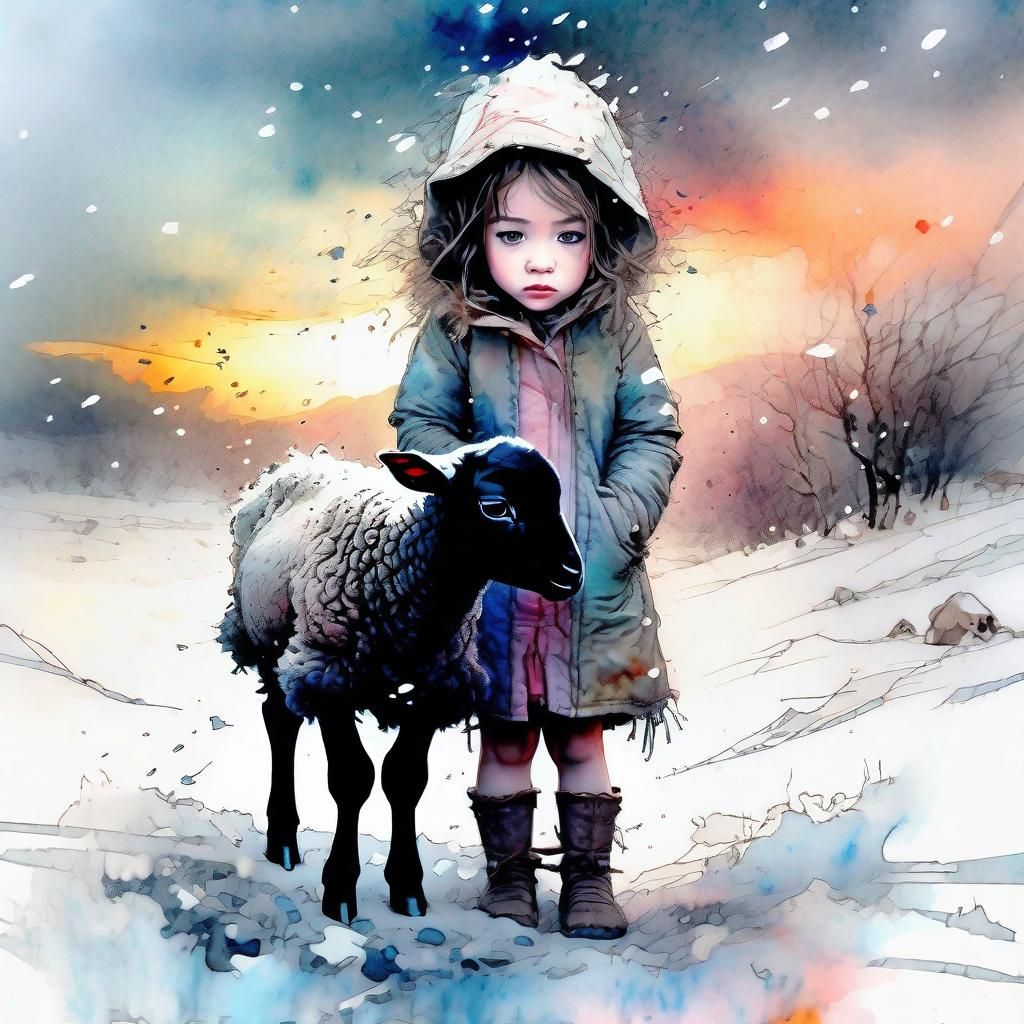 Chibi Girl and Lamb in Snowy Watercolor Fantasyscape