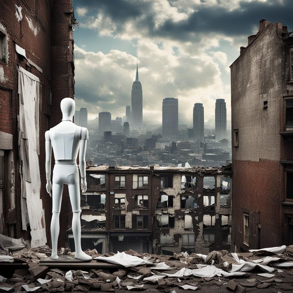 Desolate Cityscape with White Mannequin Figure