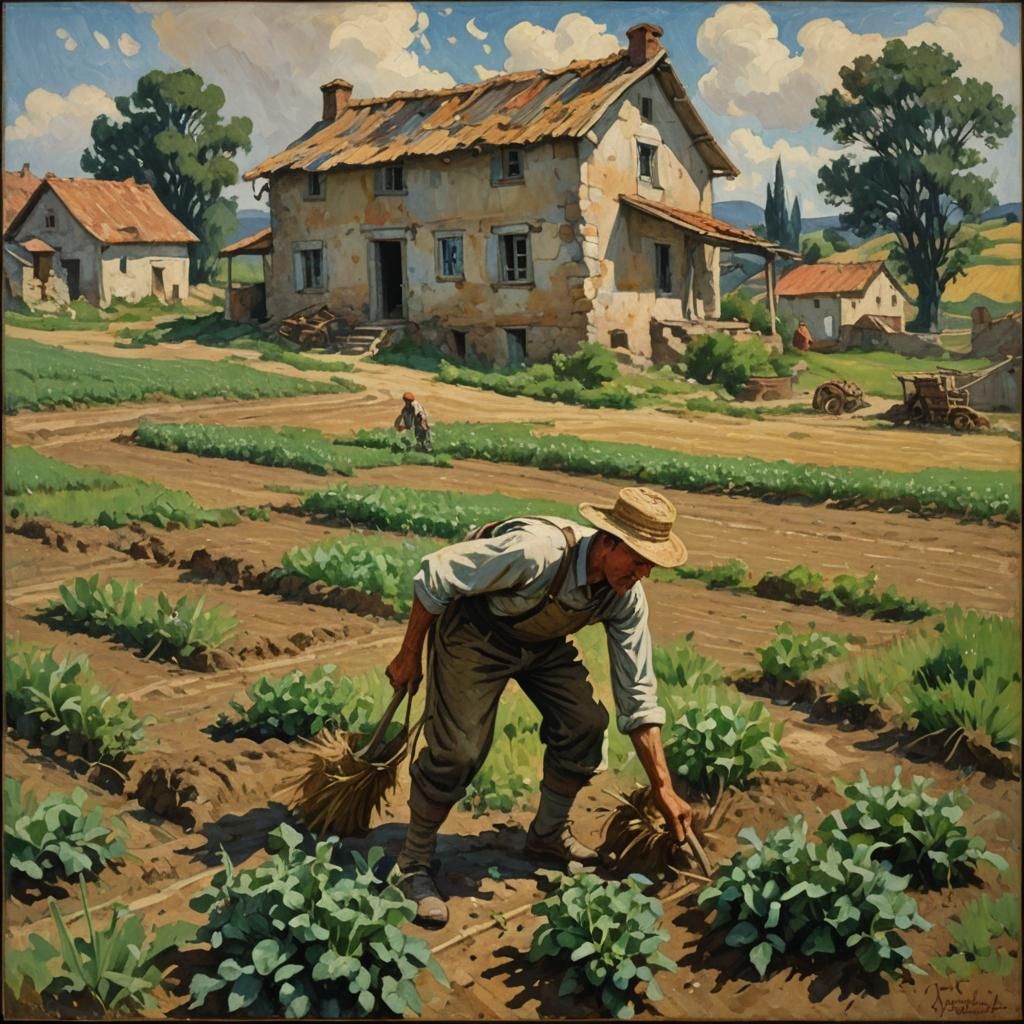 Peasant in Field Next to House as Oil Painting
