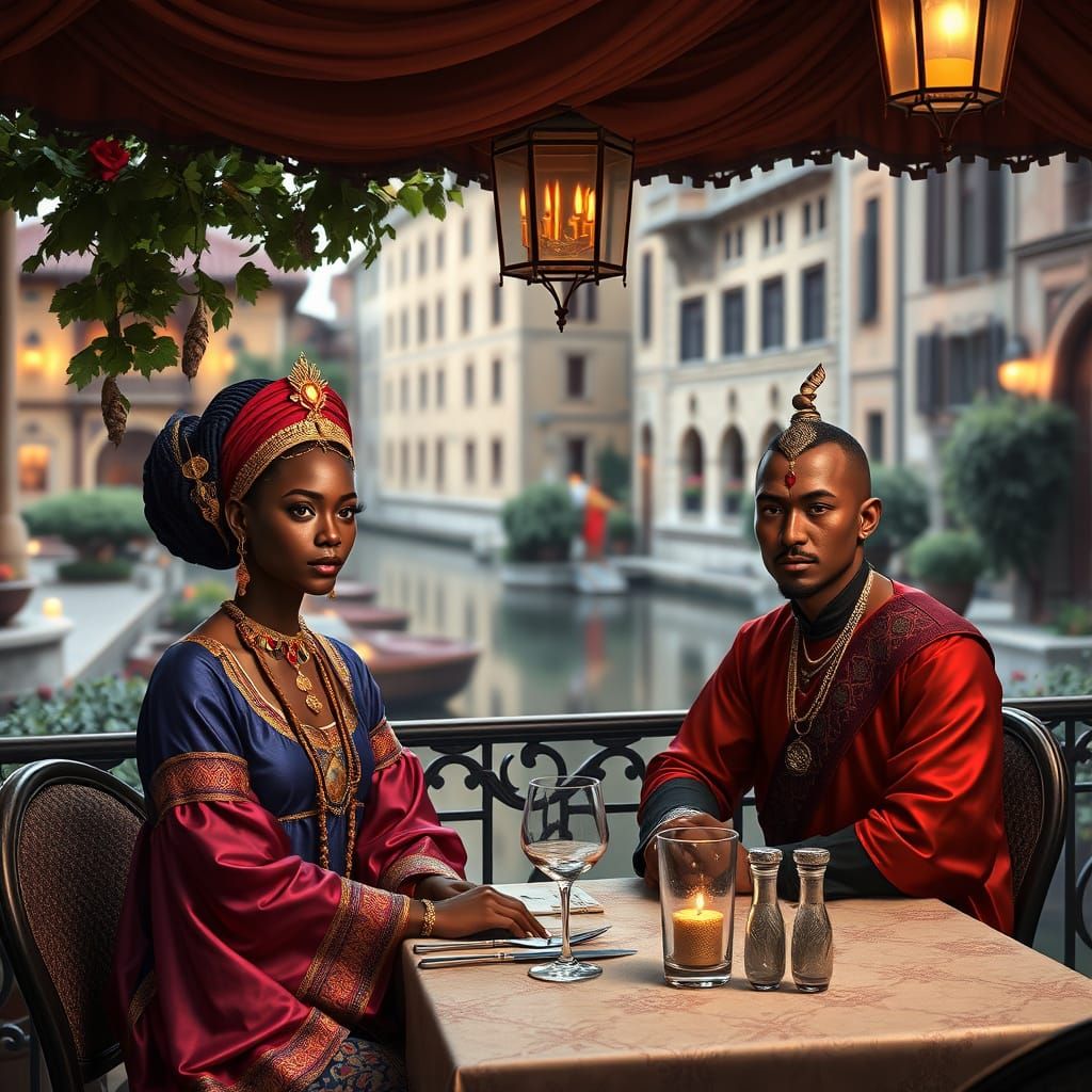 African Woman and Thai Man in Renaissance Garden