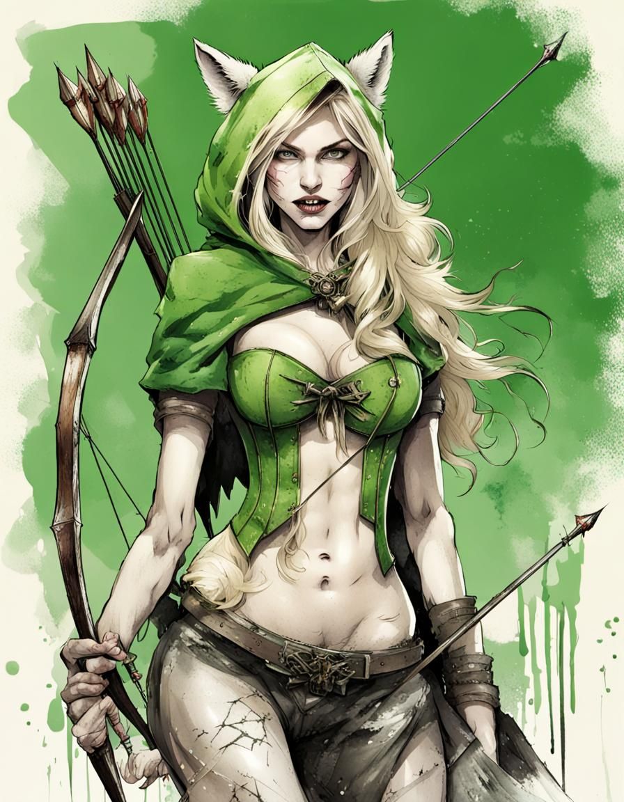 Green Hooded Huntress with Bow in Ink and Pencil