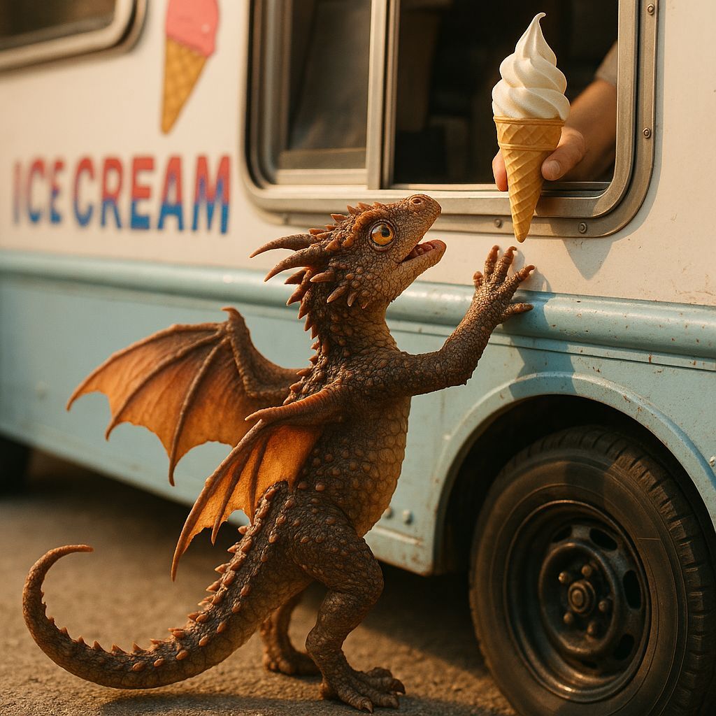 Mini Dragon Reaches for Ice Cream at Food Truck
