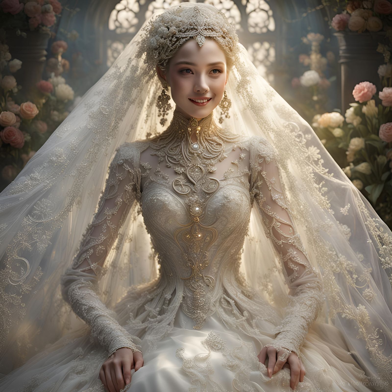 Victorian Bride with Glass Irises in Ethereal Studio