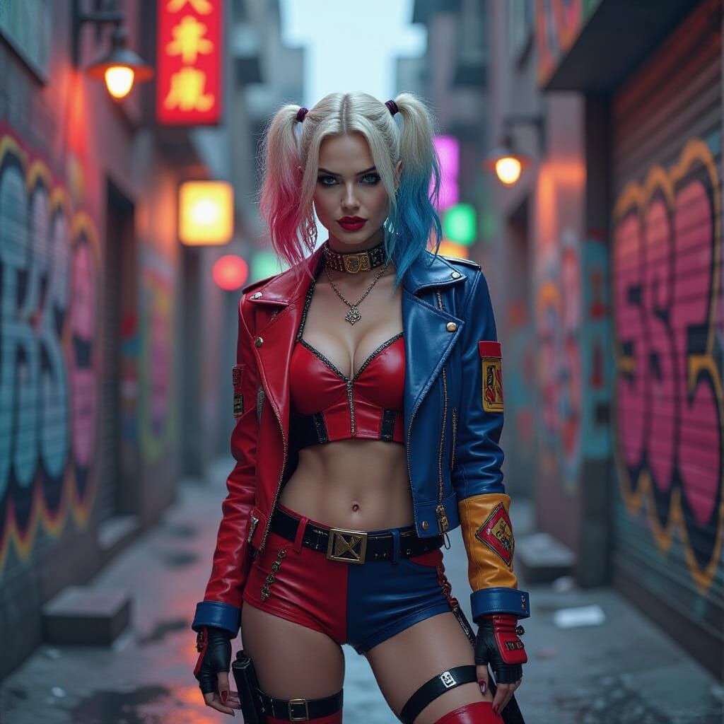 Cyberpunk Harley Quinn in Ornate Digital Art Style
