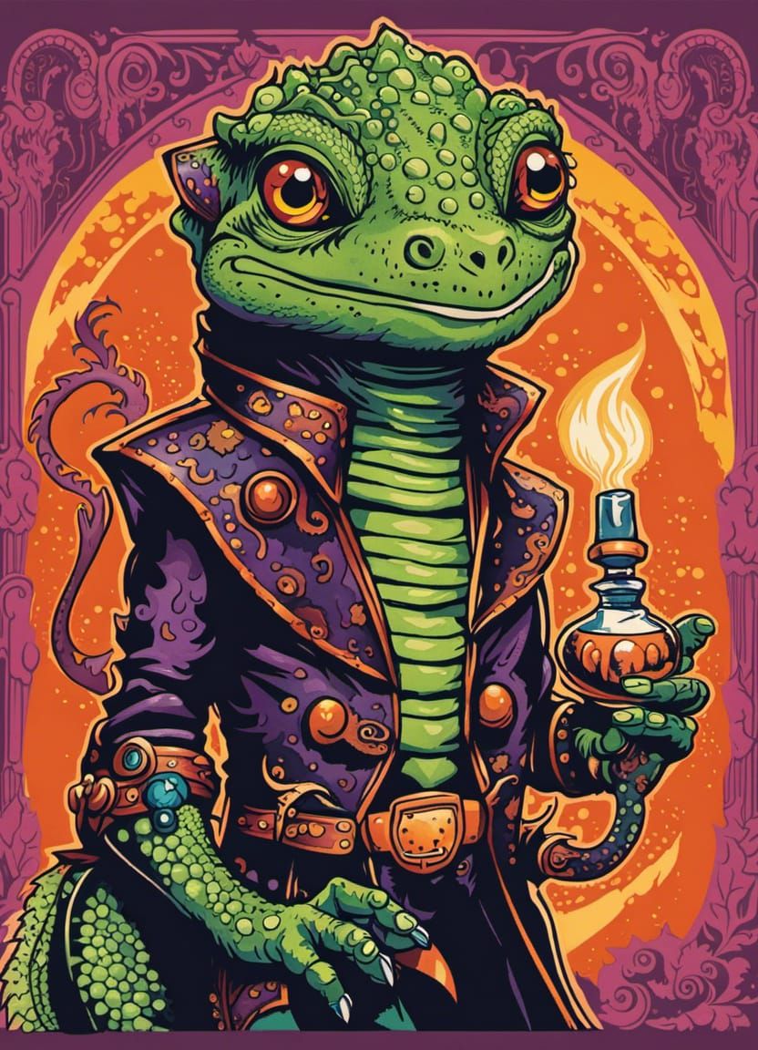 Cute Lizard Man in Retro Groovy 70s Style