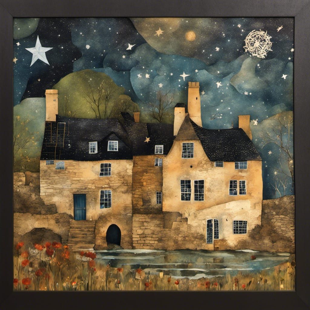 Mystical Cotswold Watermill in Mixed Media Collage