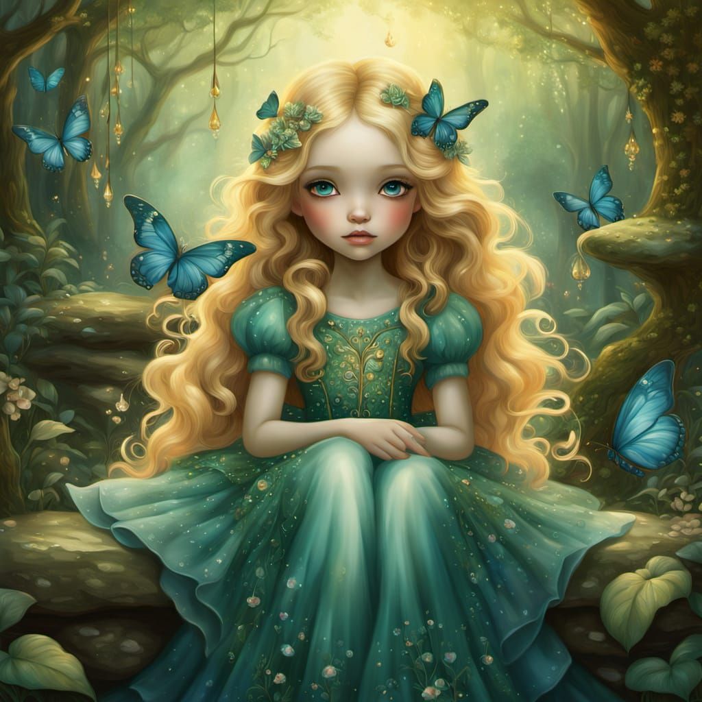 Girl in Whimsical Garden with Colored Pencil Details and Vel...