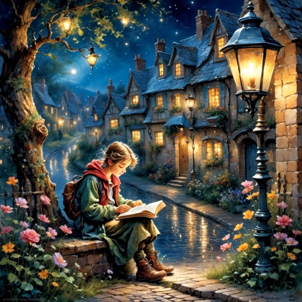 Night Reader Under Streetlight