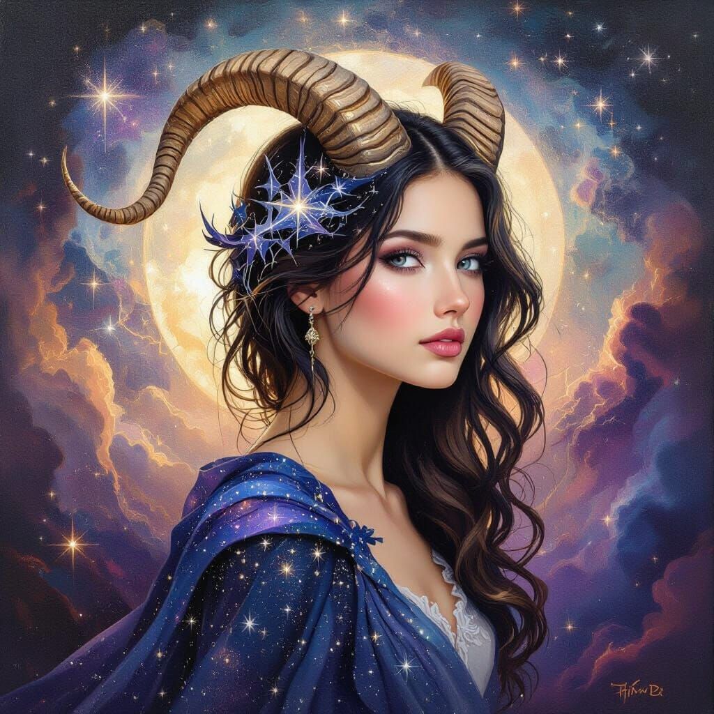 Surrealist Oil Painting: Capricorn Woman with Cosmic Element...