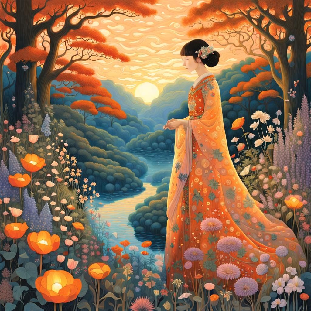 Sunset Hybrid Woman in Enchanted Forest, Art Nouveau