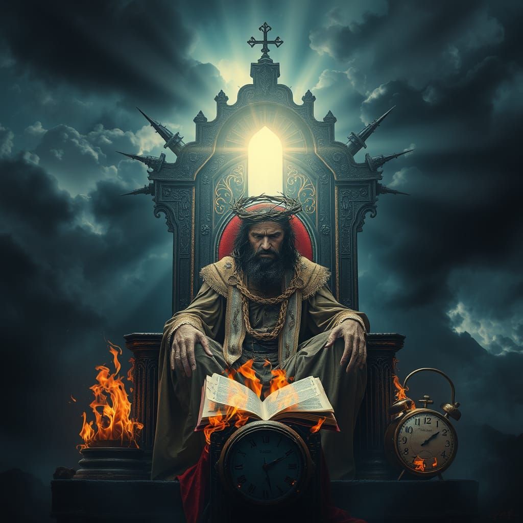 Weary God on Throne in Cosmic Surrealism Style