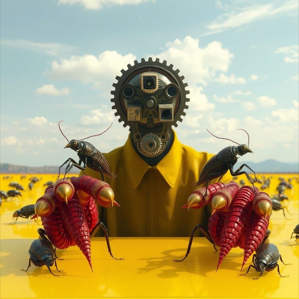 Surreal Yellow Glass Field With Mechanical Cockroaches
