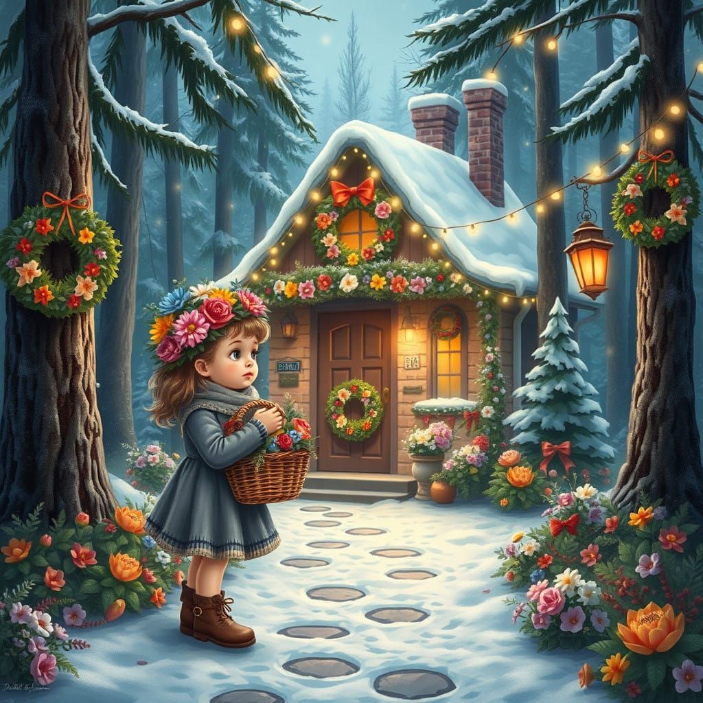 Enchanted Winter Wonderland Scene with Whimsical Girl and Fl...