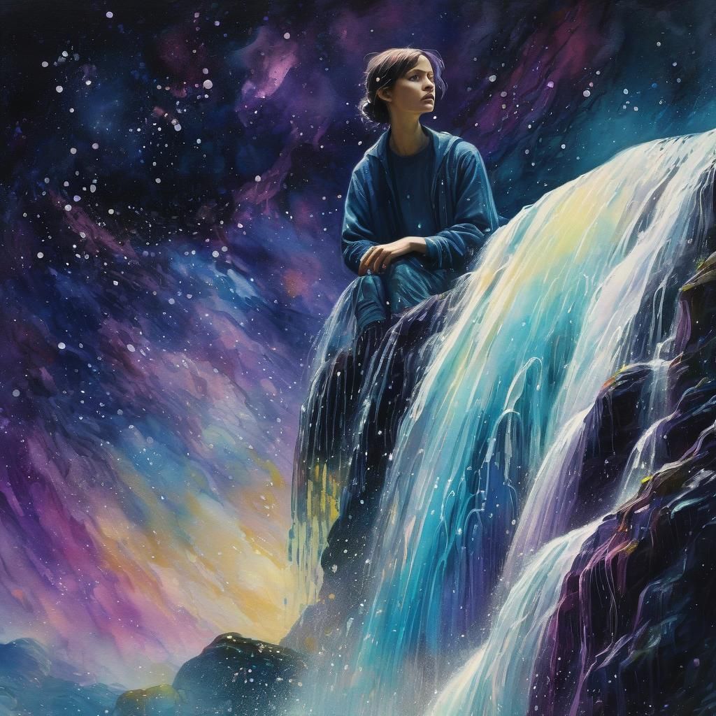 Person-Shaped Waterfall in Surrealist Watercolor Universe