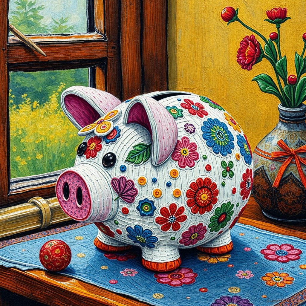 Vibrant Neo-Impressionist Piggy Bank in Textured Oil Paintin...