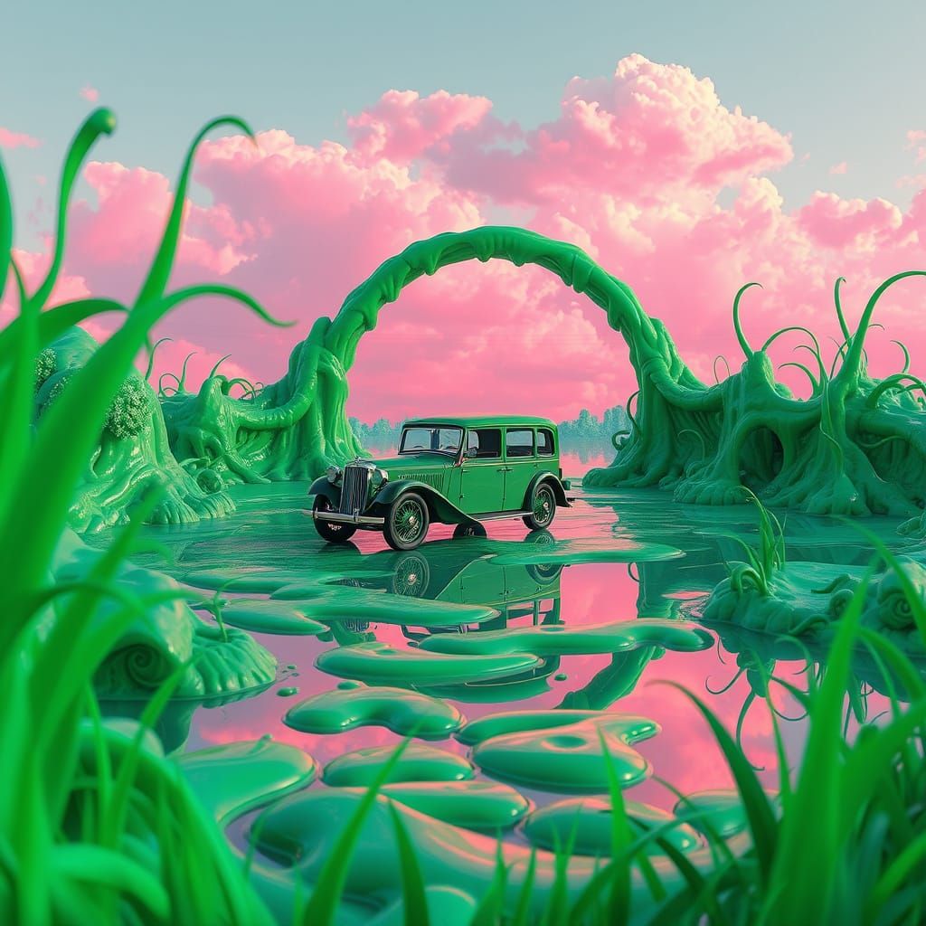 Vintage Car in Infinite Mirror with Neon Pink Clouds