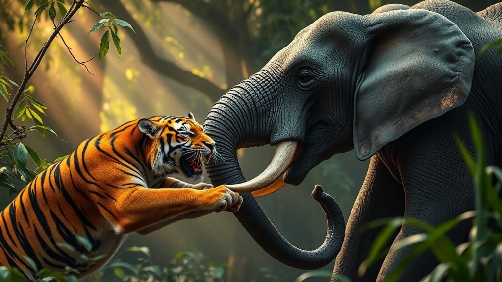 Dramatic Jungle Showdown between Tiger and Elephant