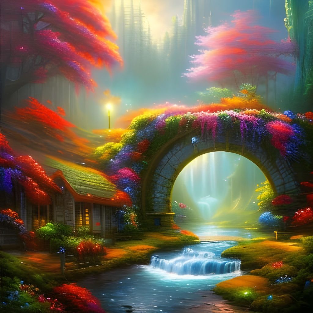 Floral Bridge Over Blue River: Digital Fantasy Art