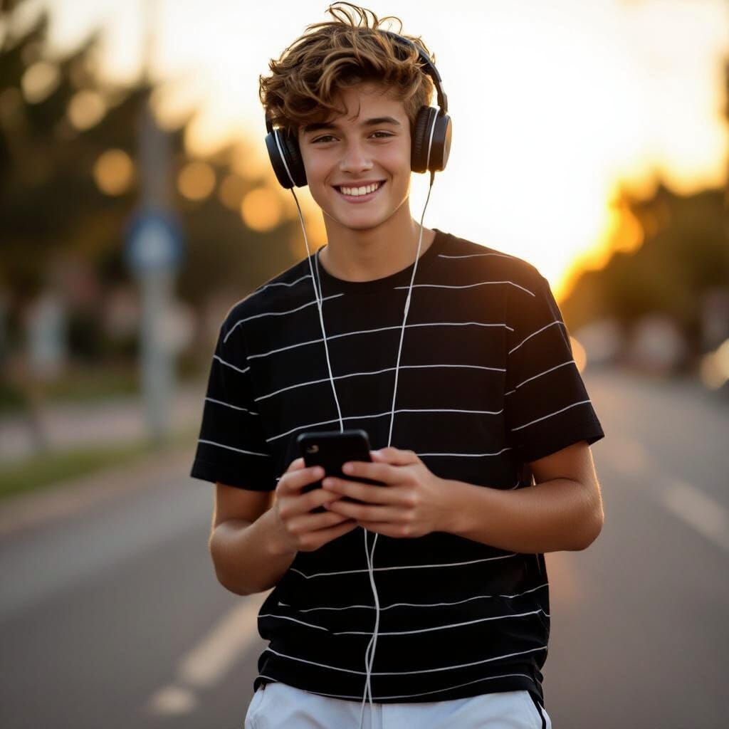 Teenage Boy with Headphones and Phone in Golden Hour Light