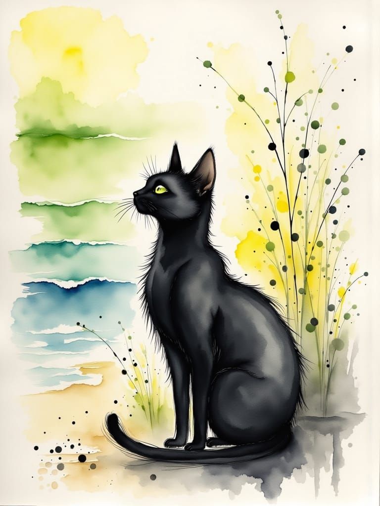 Elegant Black Cat on Beach in Watercolor Splash Art