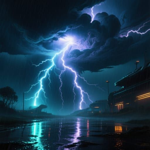 Dramatic Thunderstorm at Night in Cyberpunk Style