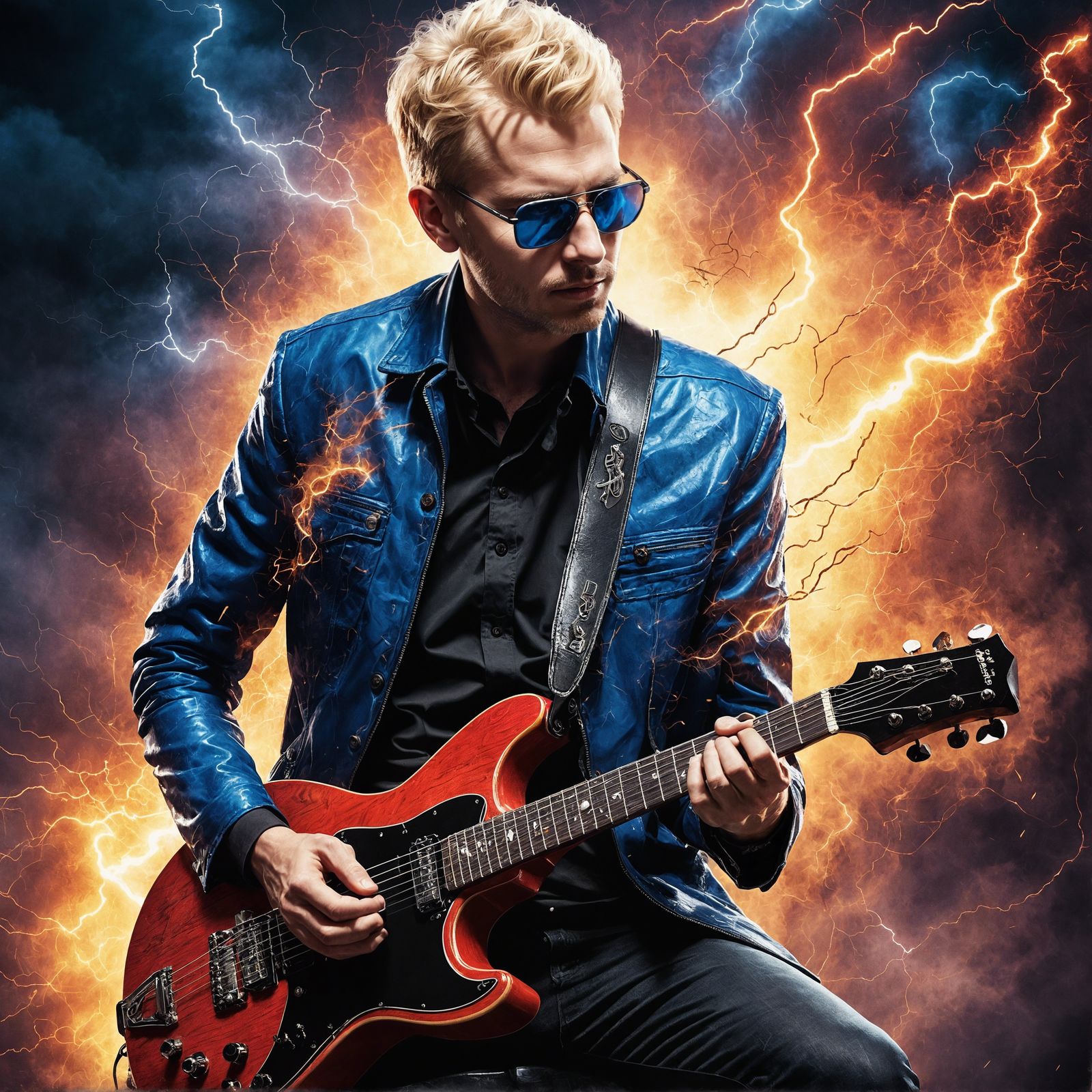 Guitarist Portrait with Lightning in Watercolor Style