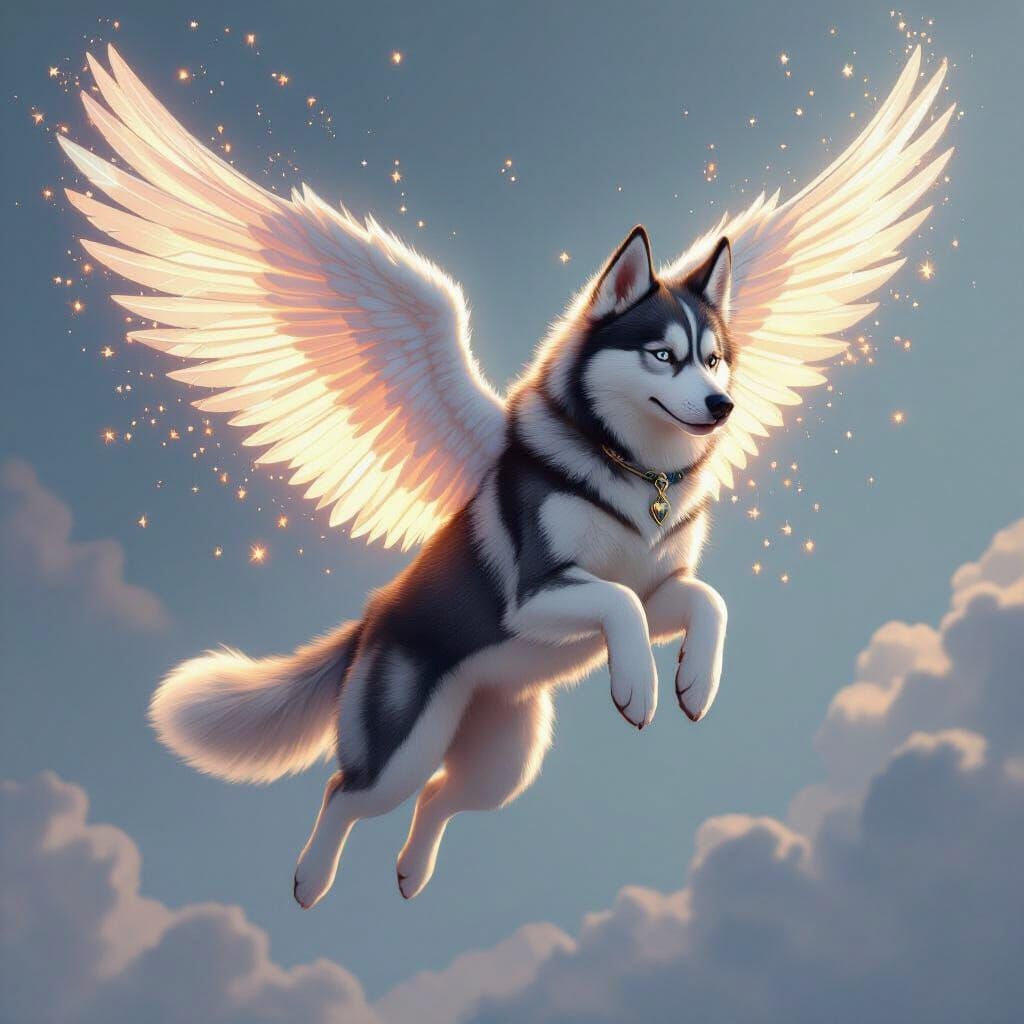 Husky with Angel Wings in Futuristic Illustration Style