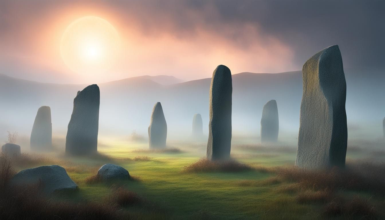 Mystical Standing Stones in Misty Field