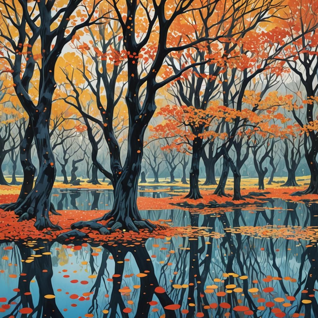 Autumn Trees Reflected, Polka Dot Art Style