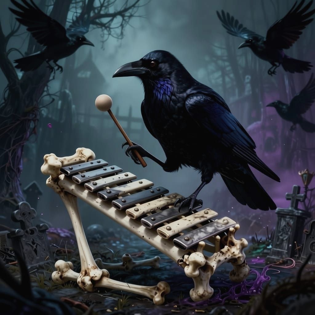 Raven Plays Bone Xylophone in Graveyard Concept Art