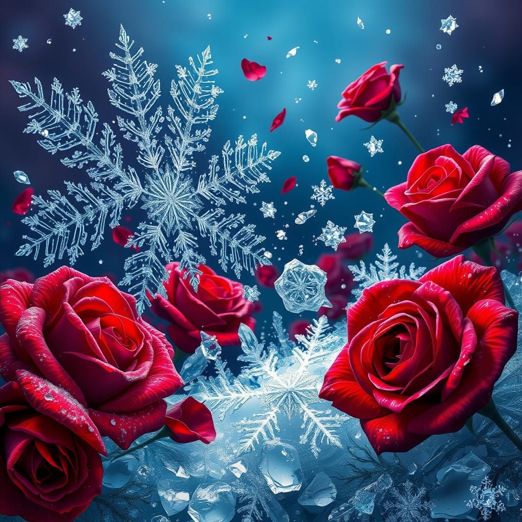 Surreal Snowflake and Rose Conflict in Vibrant Hyperrealism
