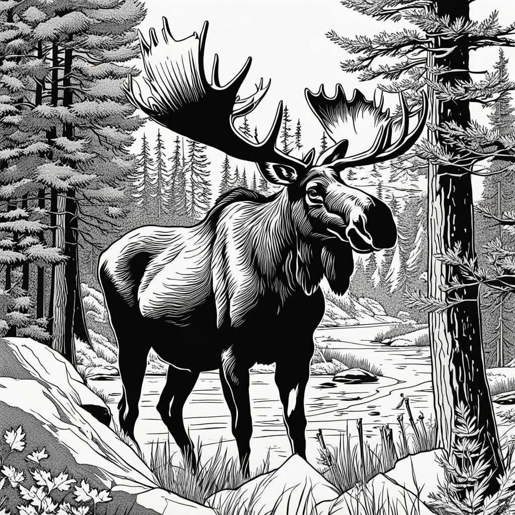 Simple Line Drawing of a Moose in Maine Woods