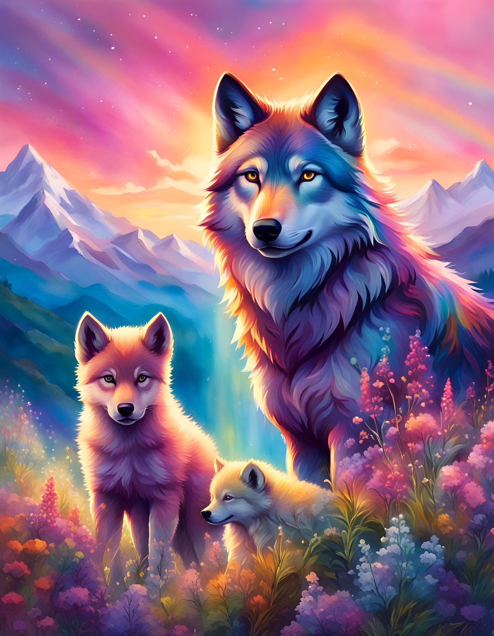 Holographic Wolf Family on Watercolor Mountain