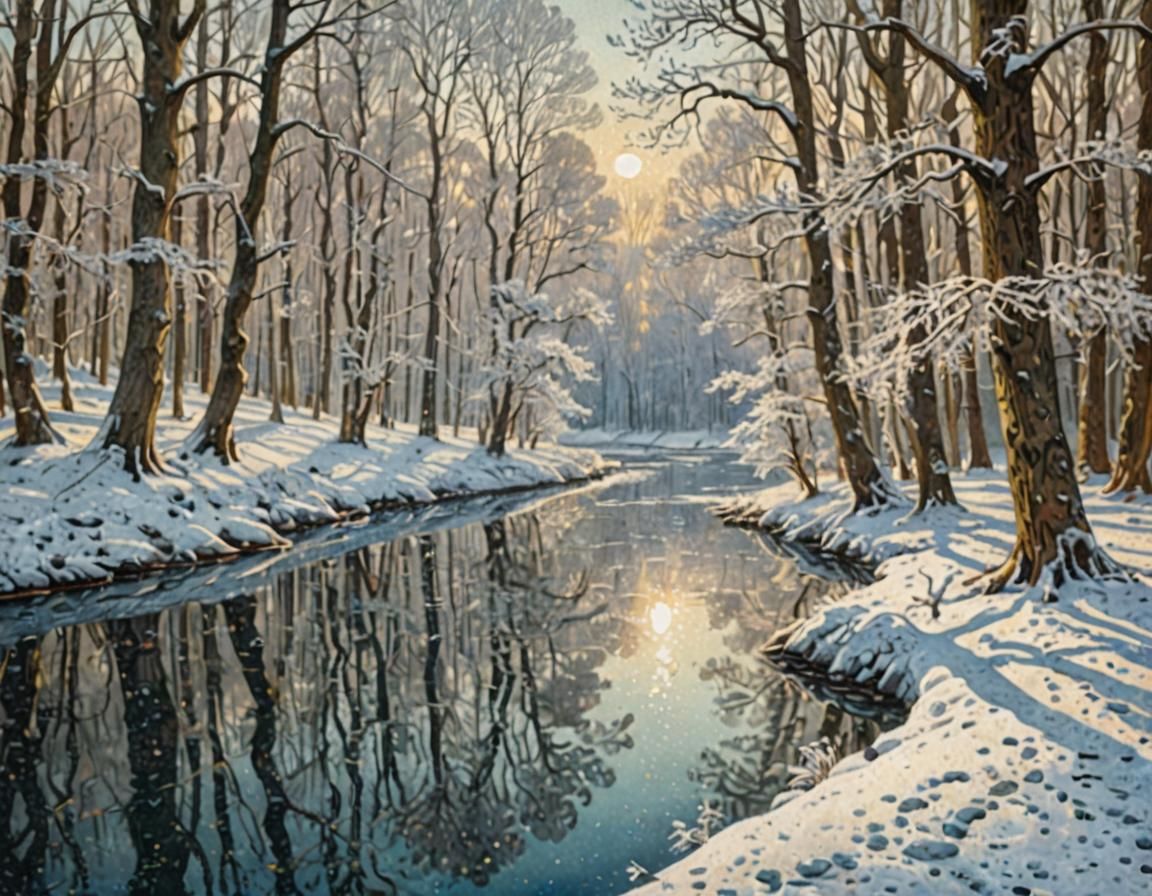 Iced River in Snowy Forest as Pointillist Painting