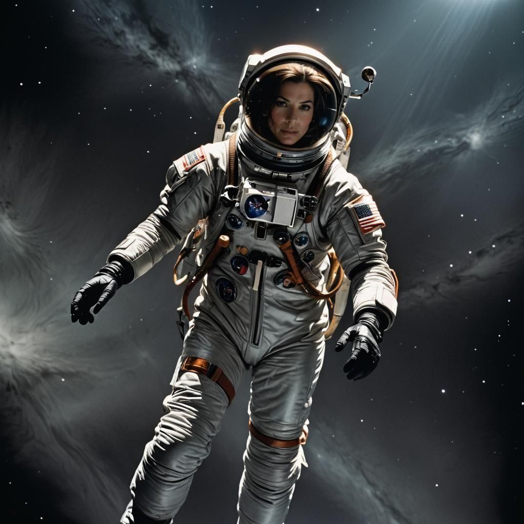 004 The beautiful Sandra Bullock wears a silver spacesuit.