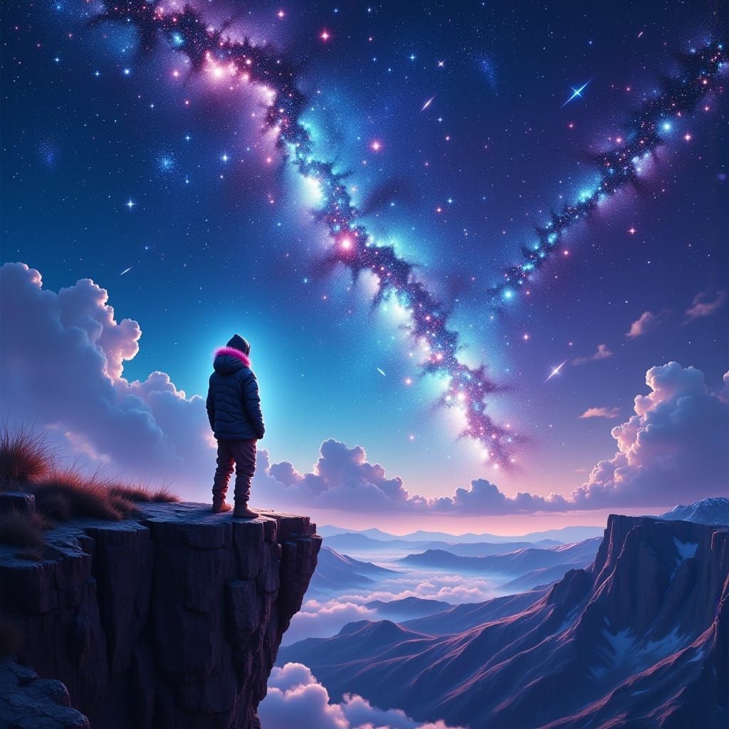 Ethereal Meteor Shower Over Cliff Edge in Dreamy Style