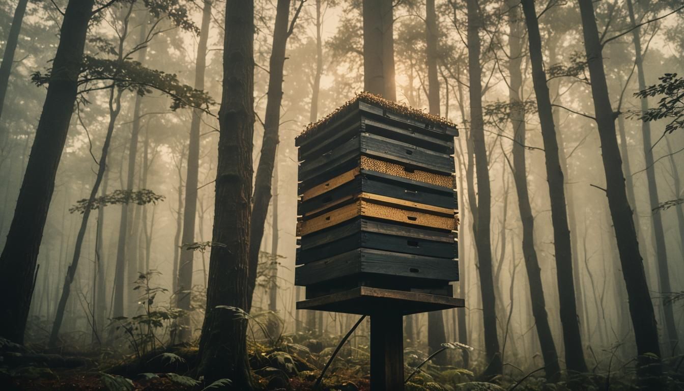 Black Beehive in Misty Forest: Cinematic Still
