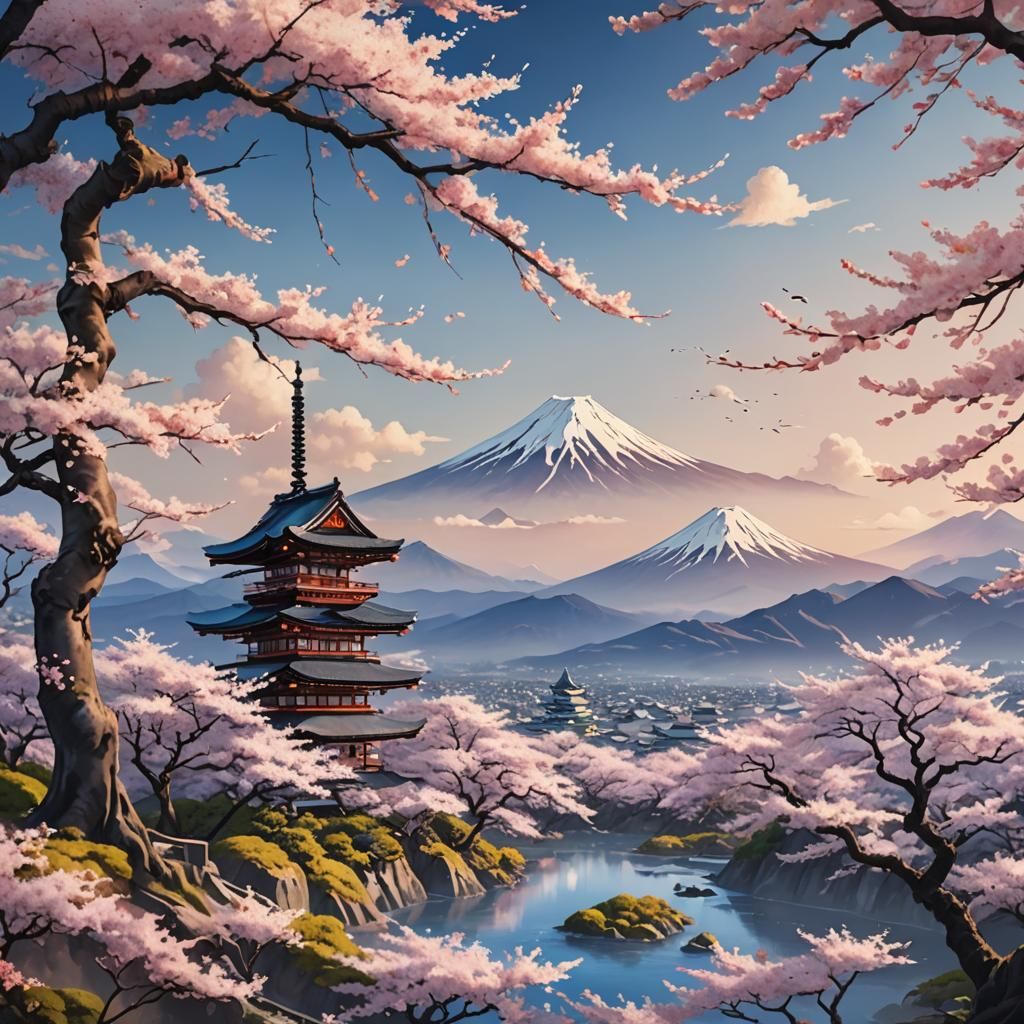 Mount Fuji and Cherry Blossoms: Japanese Landscape Painting