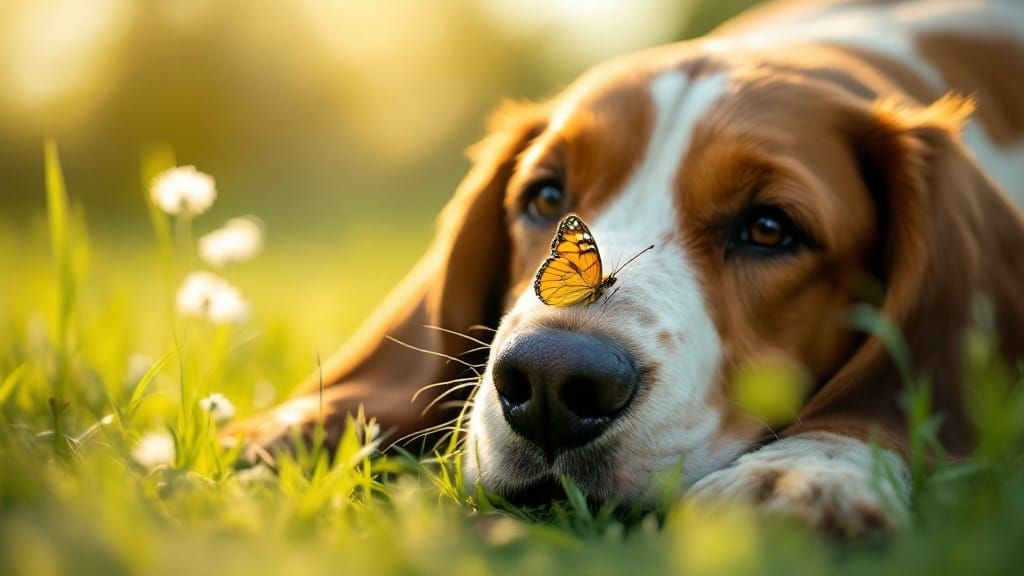 Basset Hound with Butterfly in Summer Light