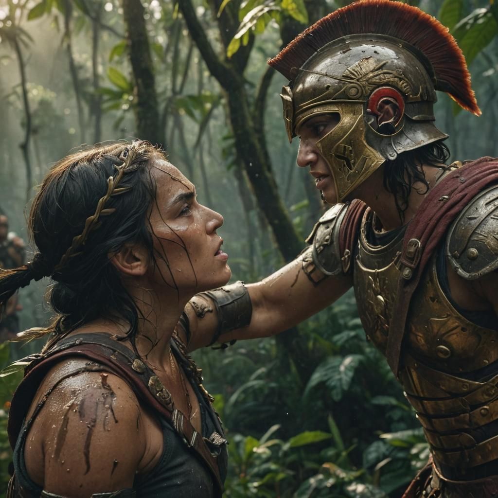Amazonian Woman Battles Roman Centurion in Hyperreal Jungle