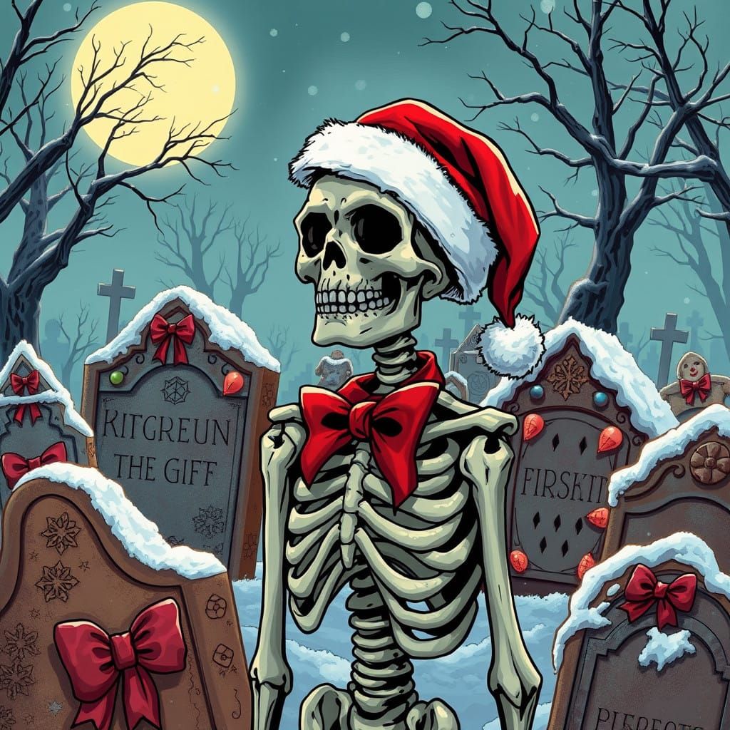 Skeletal Santa in Wintery Cemetery with Gingerbread Headston...