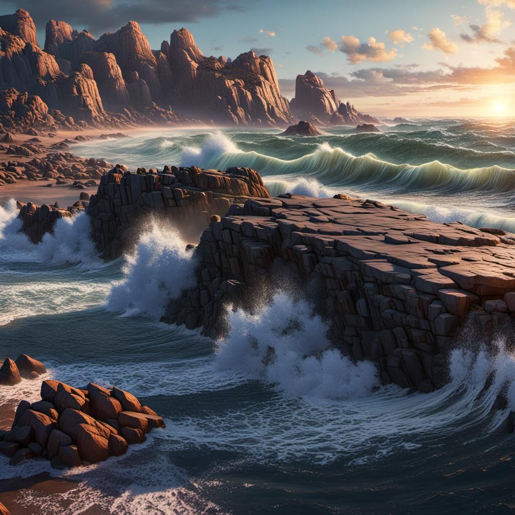 Sunset beach, crashing waves, rocky terrain, shadows, hyper ...
