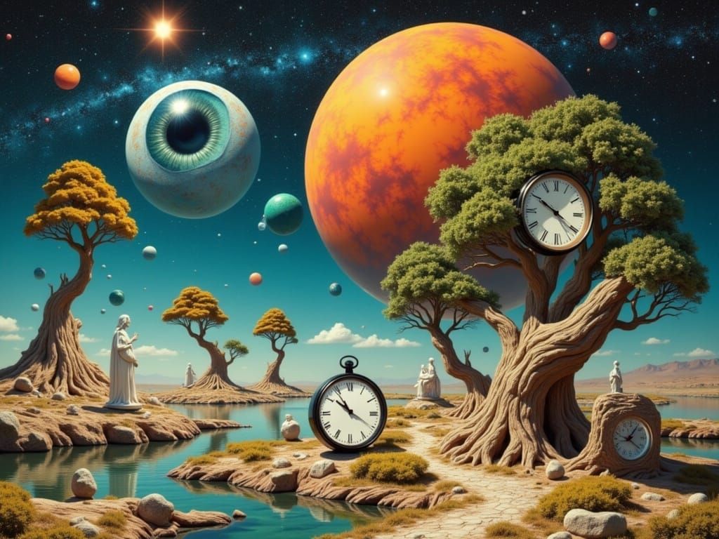 Surreal Landscape with Floating Islands and Melting Clocks