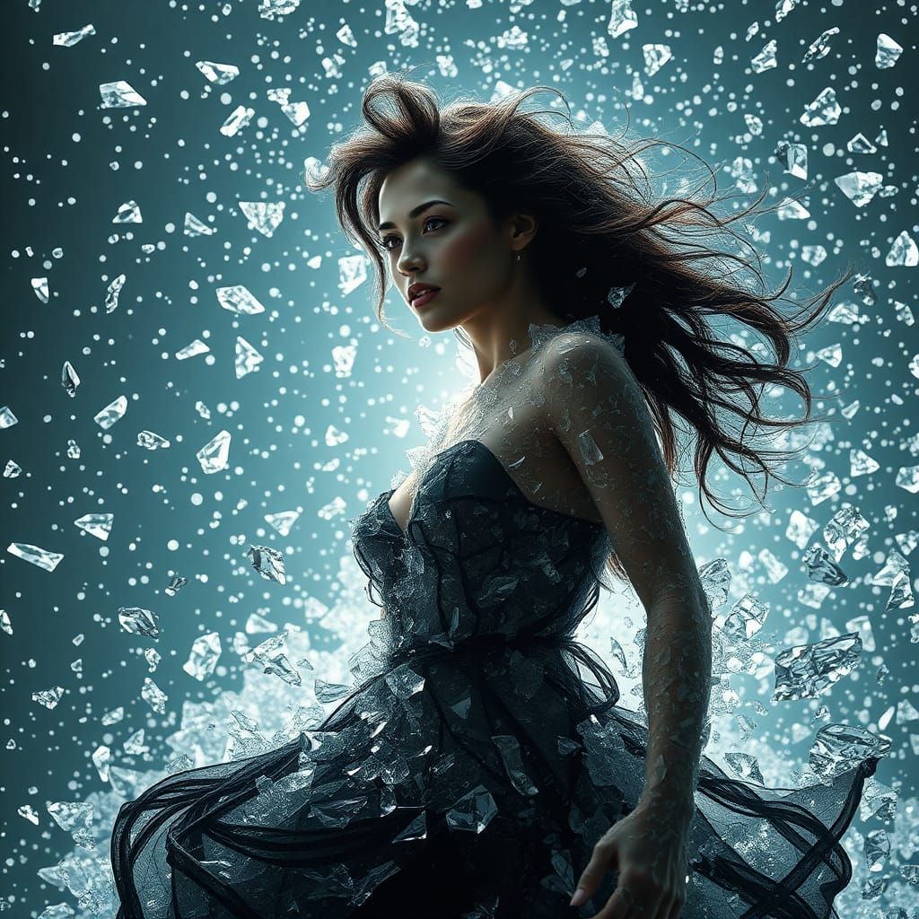 Empowered Woman Emerges from Crystalline Shards