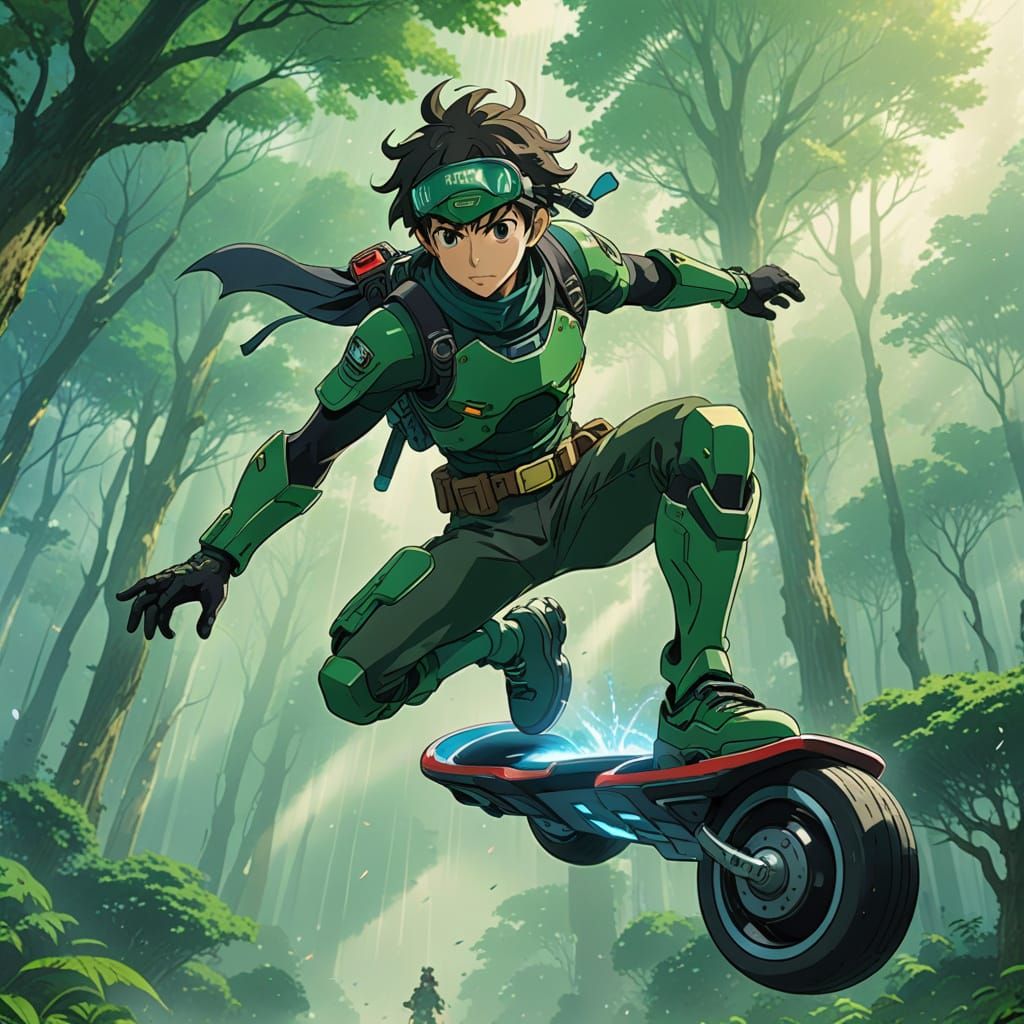 Ethereal Anime Key Visual of Green Psycho Ranger on a Flying...