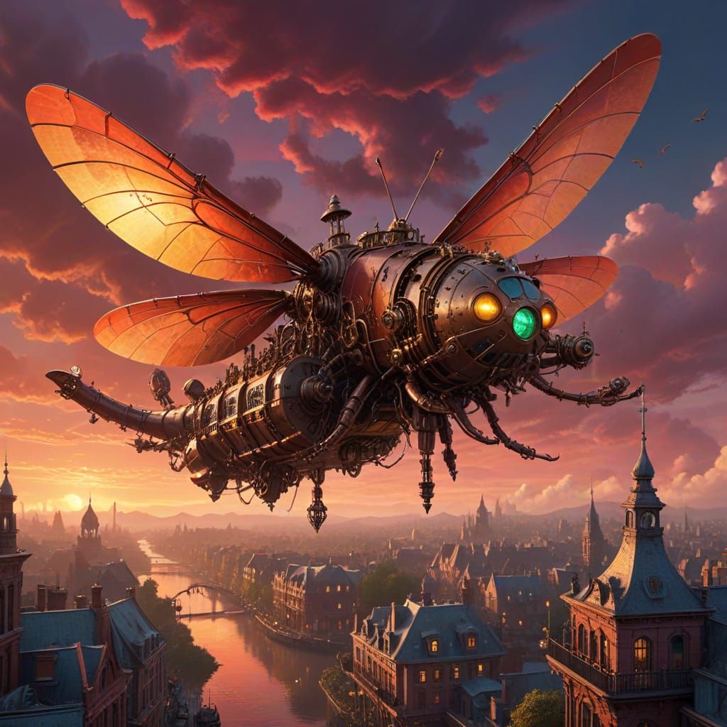 Steampunk Dragonfly Airship Soaring Over Victorian City