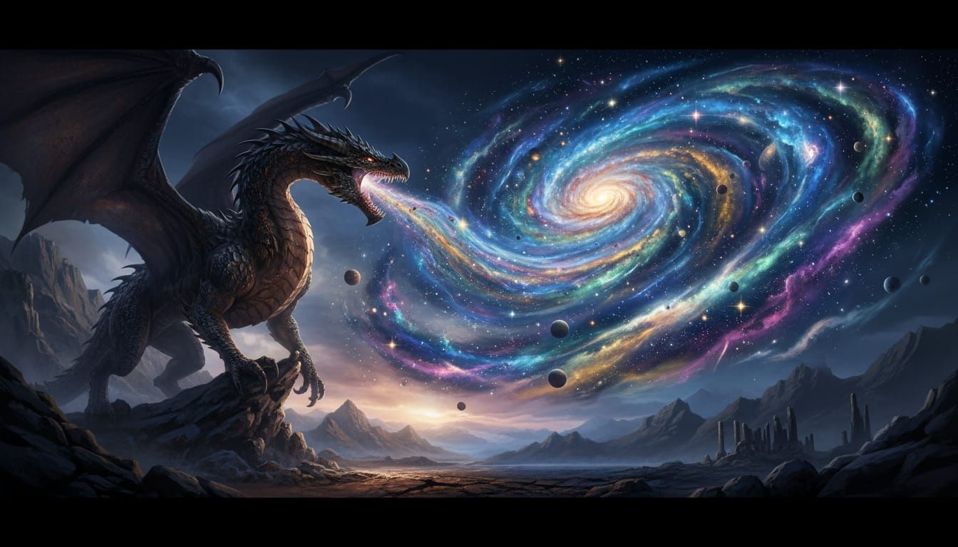 Dragon Exhales Vibrant Cosmic Nebula in Photorealistic Style