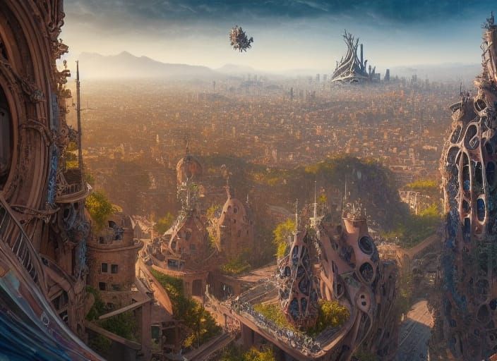 Futuristic Cityscape Through Ornate Archway