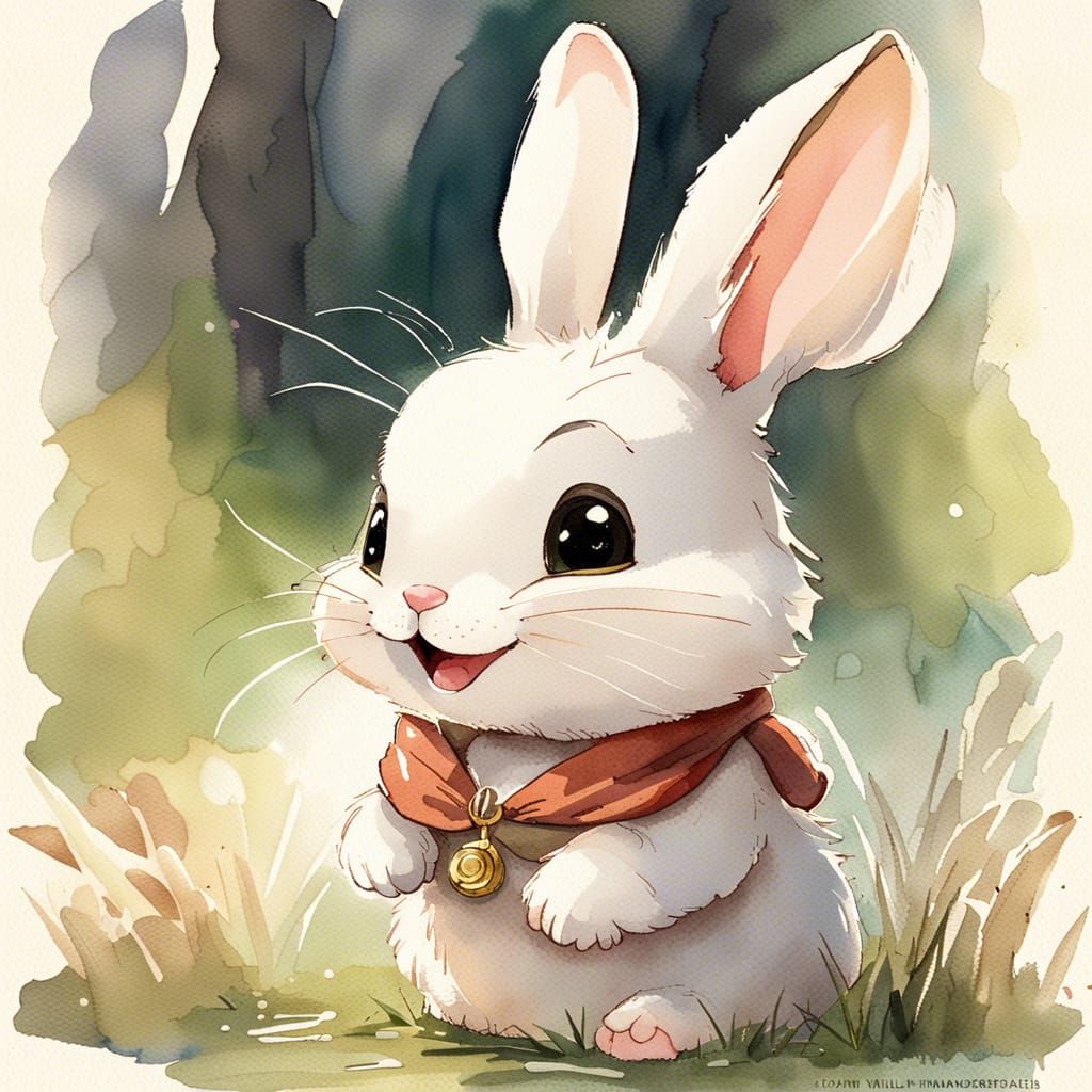 Smiling Rabbit in Watercolor, Disney Ghibli Style