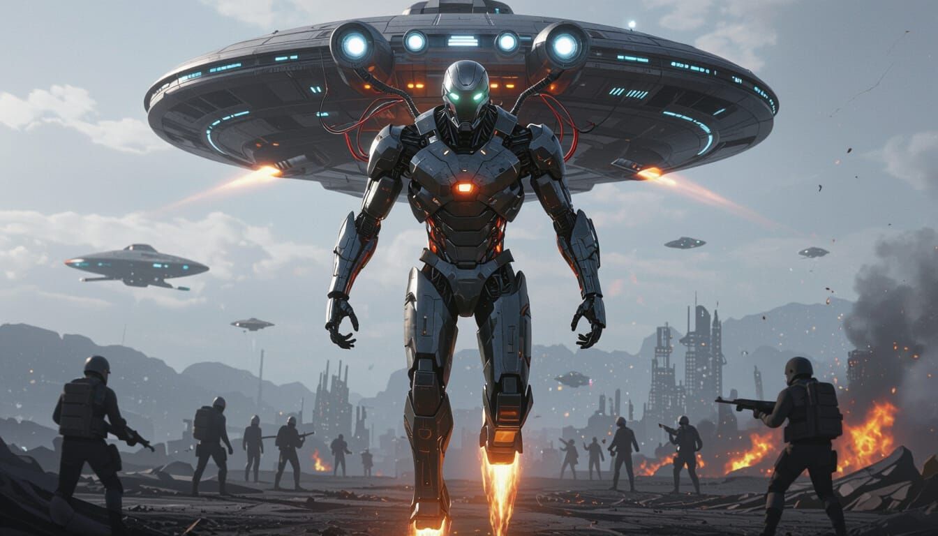 Cyborg Warrior Descends from Spaceship in Epic Battle Art